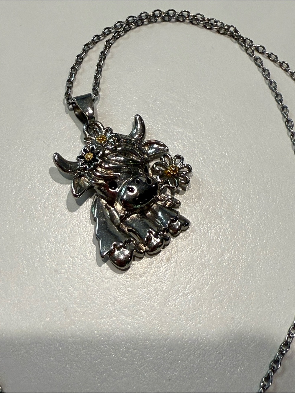 Silver Cow Pendant Necklace with Floral Accents - Women's Jewelry